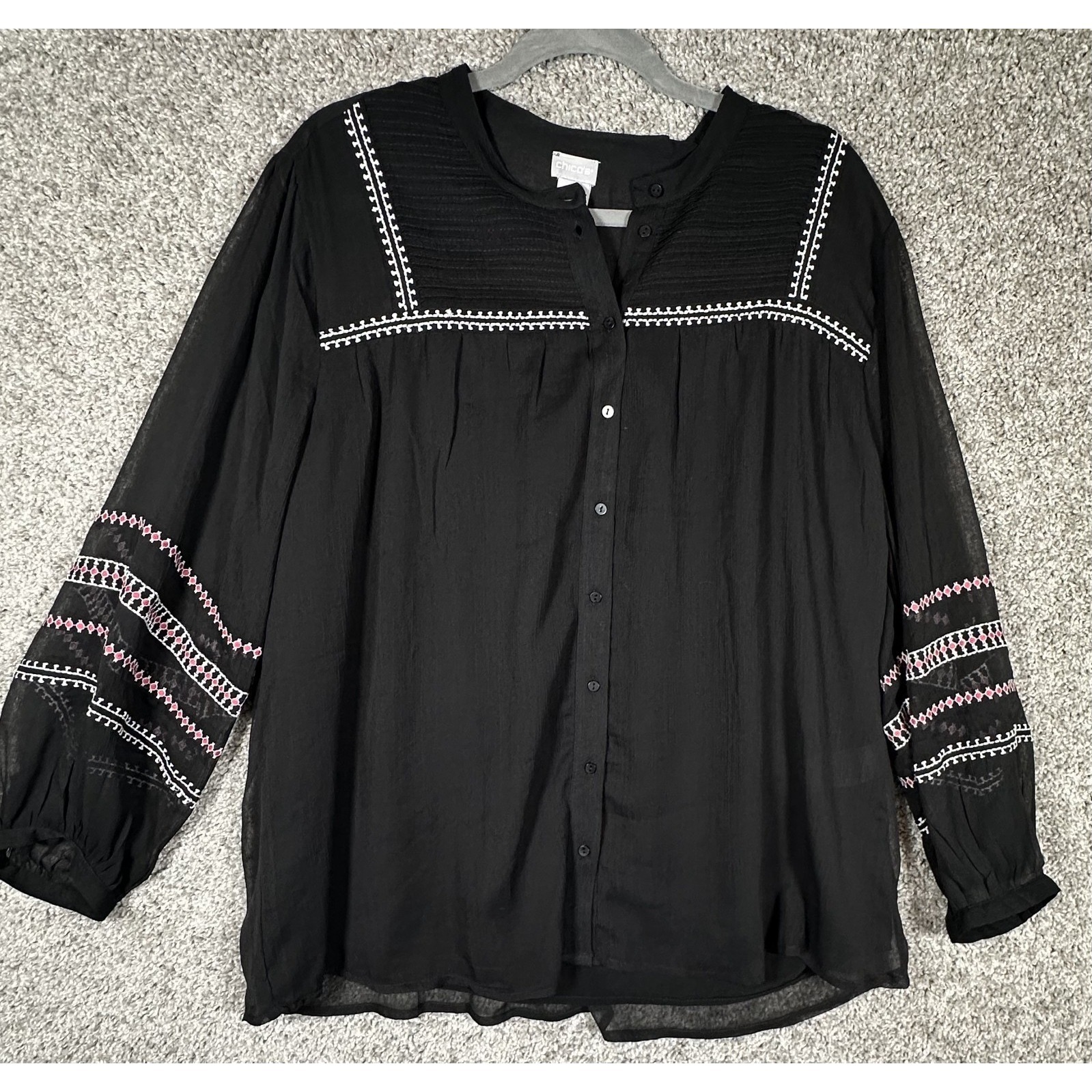 Chico's Whimsygoth Peasant Blouse Size 4 Black Embroidered Dark Fairy Romantic